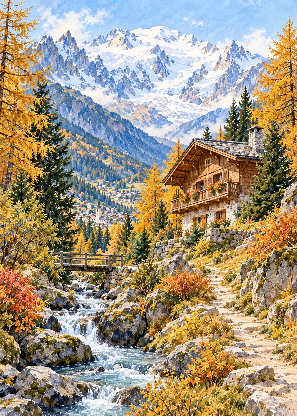 Chamonix 지역 분위기의 수채화, 실제 숙소 사진 아님