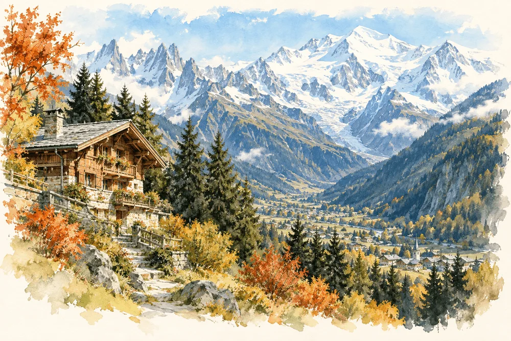 Chamonix 지역 분위기의 수채화, 실제 숙소 사진 아님